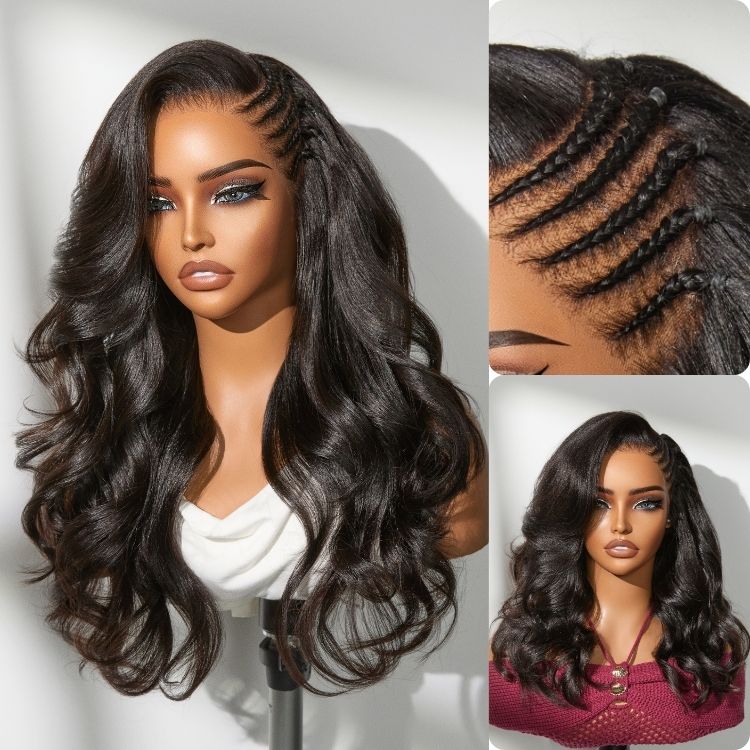 TRILL Side Braided Yaki Body Wave Glueless Ear-to-ear 13x6 Frontal HD Lace Wig Human Hair Flexi-Fit Drawstring Cap - Image 3