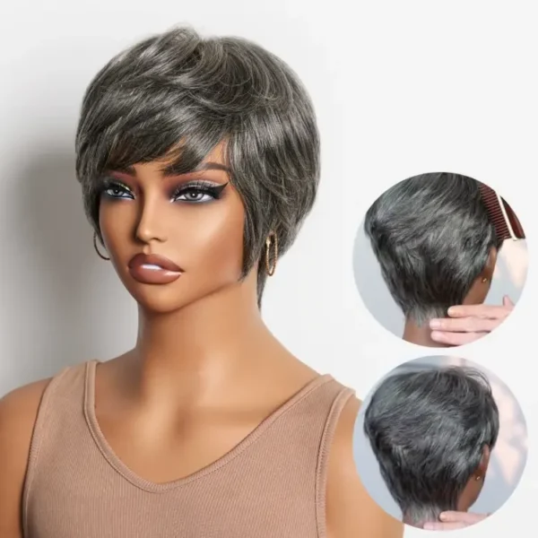 Throw On & Go Short Cut with Bangs Wig Ultra Comfort Skin-Like Soft Care Glueless Wig Hair Loss Friendly