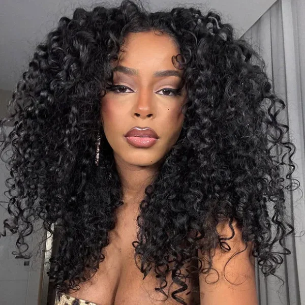 Bouncy Deep Wave V Part Human Hair Wig With Drawstring Super Natural Protective Style