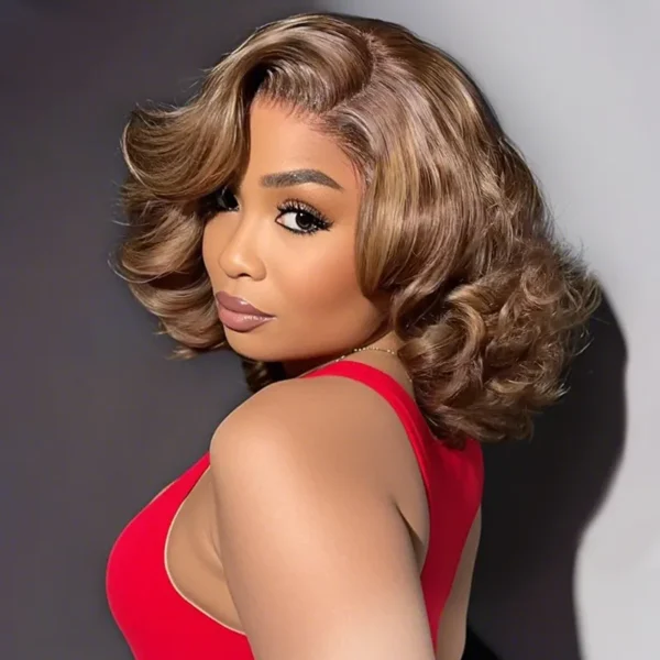 Honey Blonde Highlight Bouncy Loose Wave Short Wig Glueless 6x5 HD Lace Wig Wear Go 200% Density