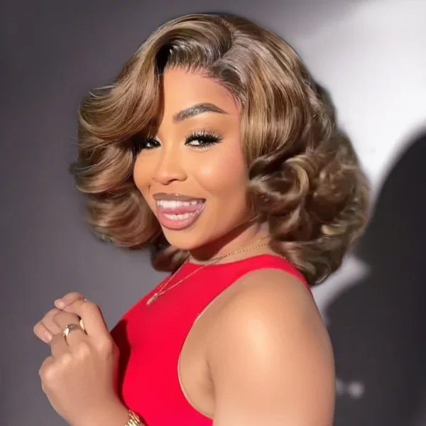 Honey Blonde Highlight Bouncy Loose Wave Short Wig Glueless 6x5 HD Lace Wig Wear Go 200% Density