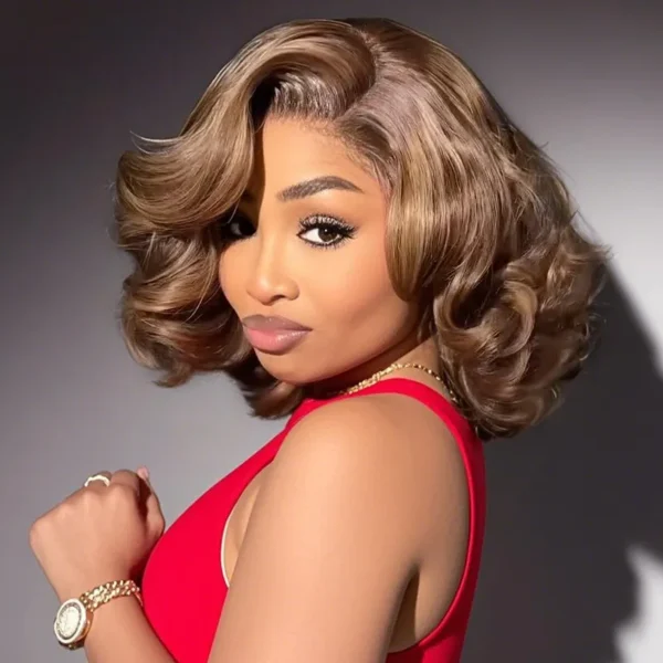Honey Blonde Highlight Bouncy Loose Wave Short Wig Glueless 6x5 HD Lace Wig Wear Go 200% Density