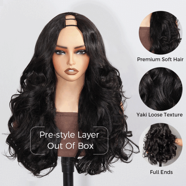 Yaki Loose Body Wave V Part Wig Pre Styled Layer Cut Human Hair Wig 180% Density